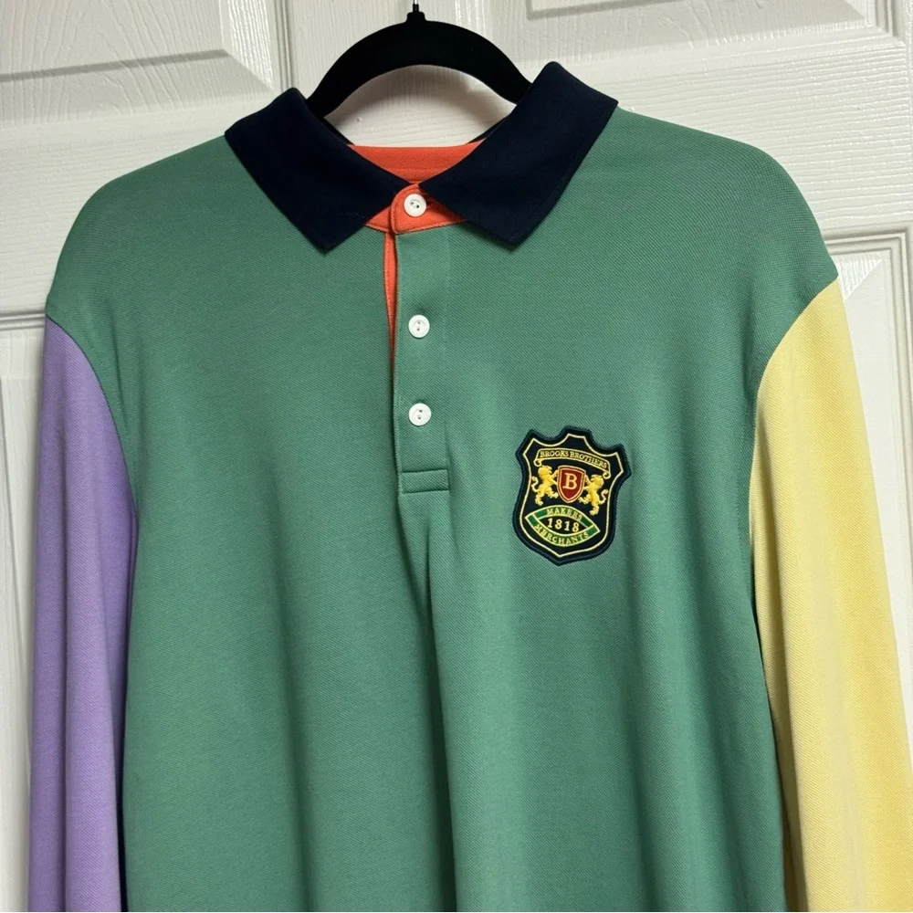 Brooks Brothers Rugby Polo Shirt Mens L Slim Fit Color Block Crest Long Sleeve
